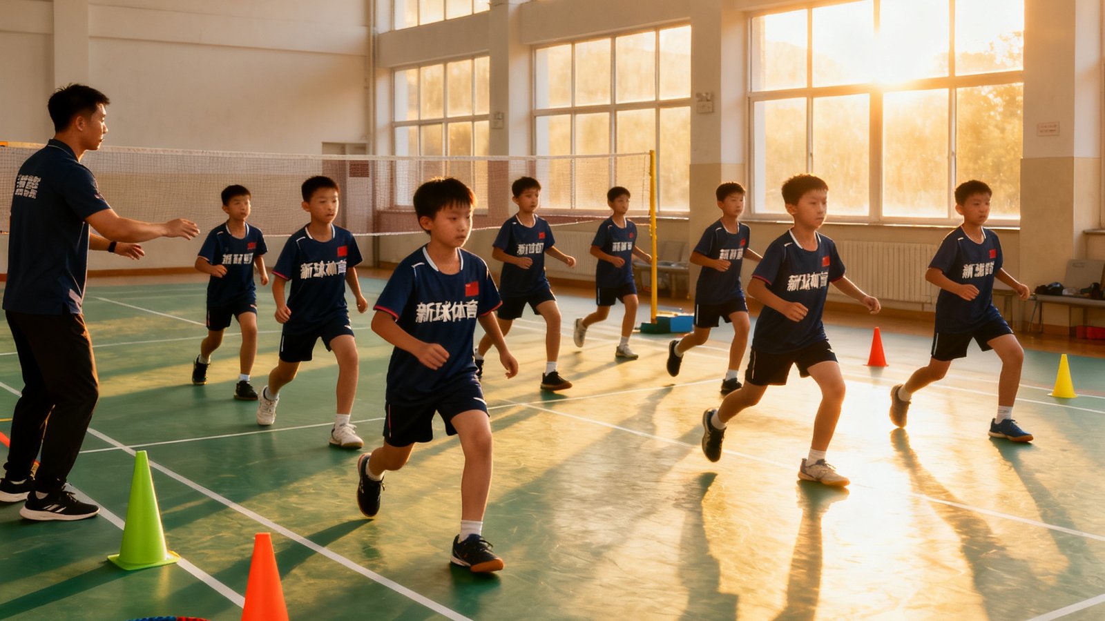 12名身穿深蓝色新球体育训练服的青少年学员在教练指导下进行羽毛球前场步伐训练，每个人神情专注，场地边的锥桶和跳绳整齐摆放，阳光从侧面大窗洒入