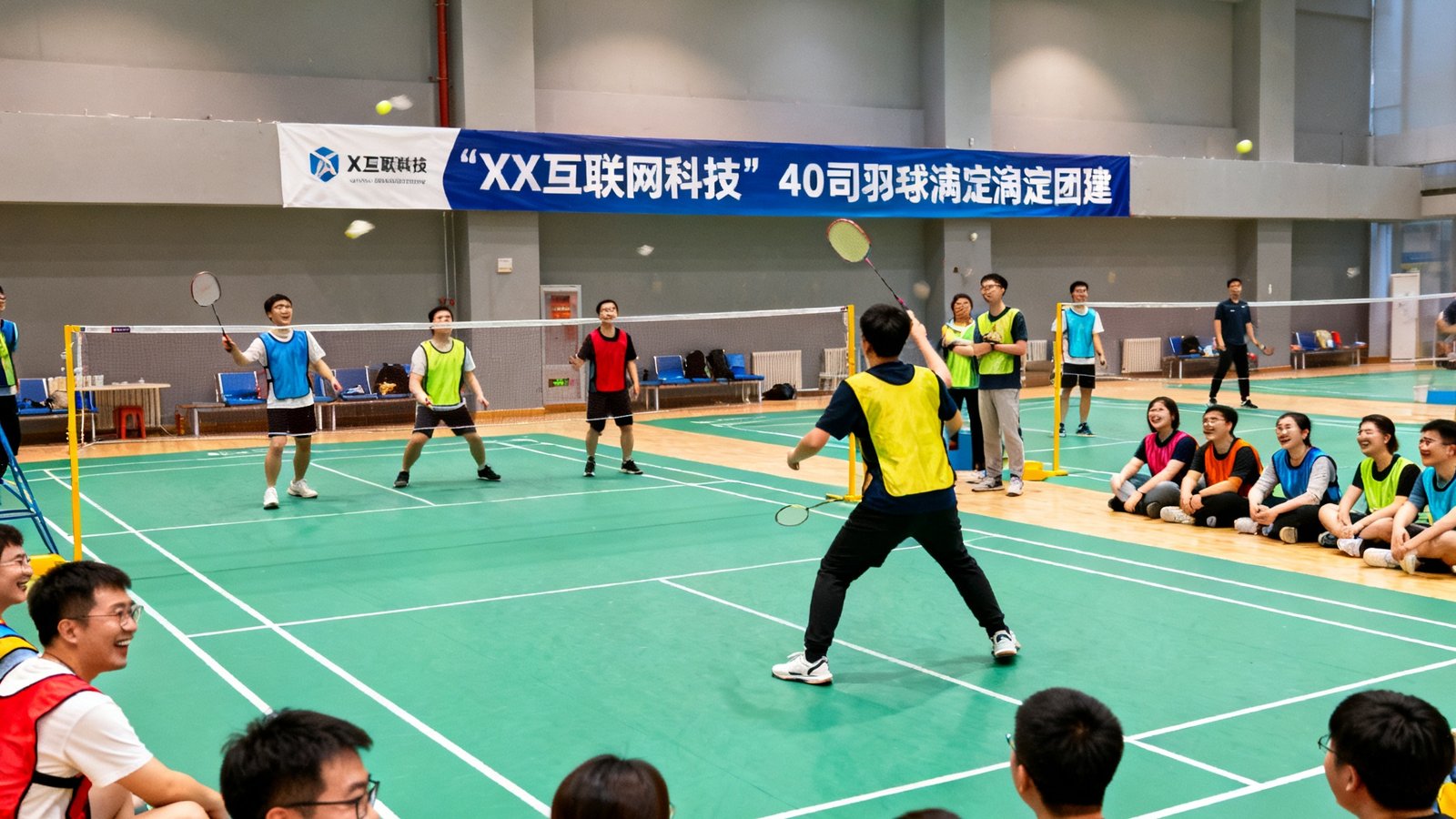 某互联网科技公司40名员工在新球体育海淀馆进行团建羽毛球友谊赛，场地中央悬挂着公司横幅，参赛者穿着彩色分队背心，场边观战区笑声不断